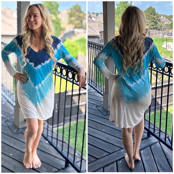 C06 Venus Long Sleeve Lightweight V Neck Tie Dye Cover Up Dress SZ M $49 - Picture 2 of 13